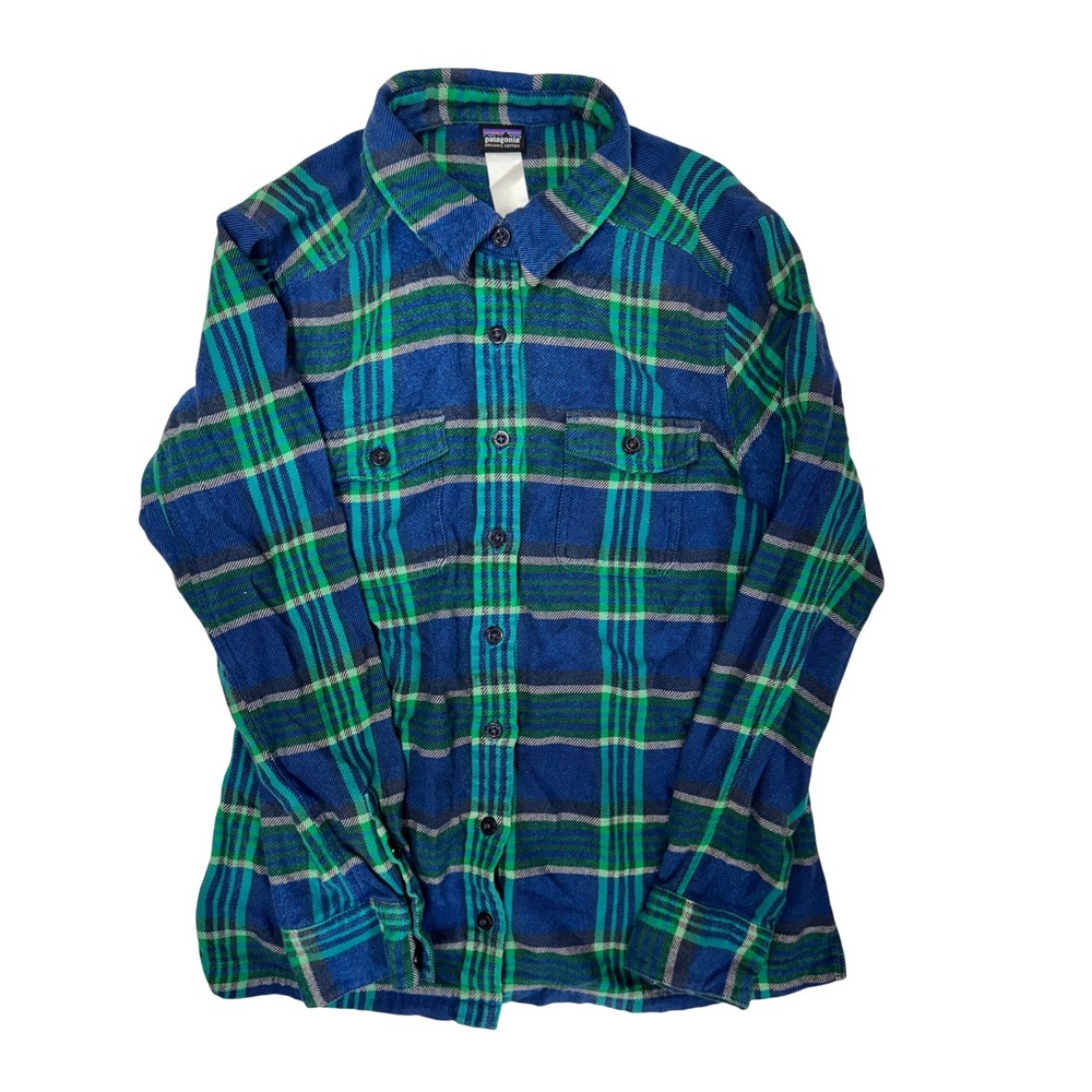 Patagonia Fjord Flannel Shirt Womens Blue Green Plaid Organic Cotton Button Down